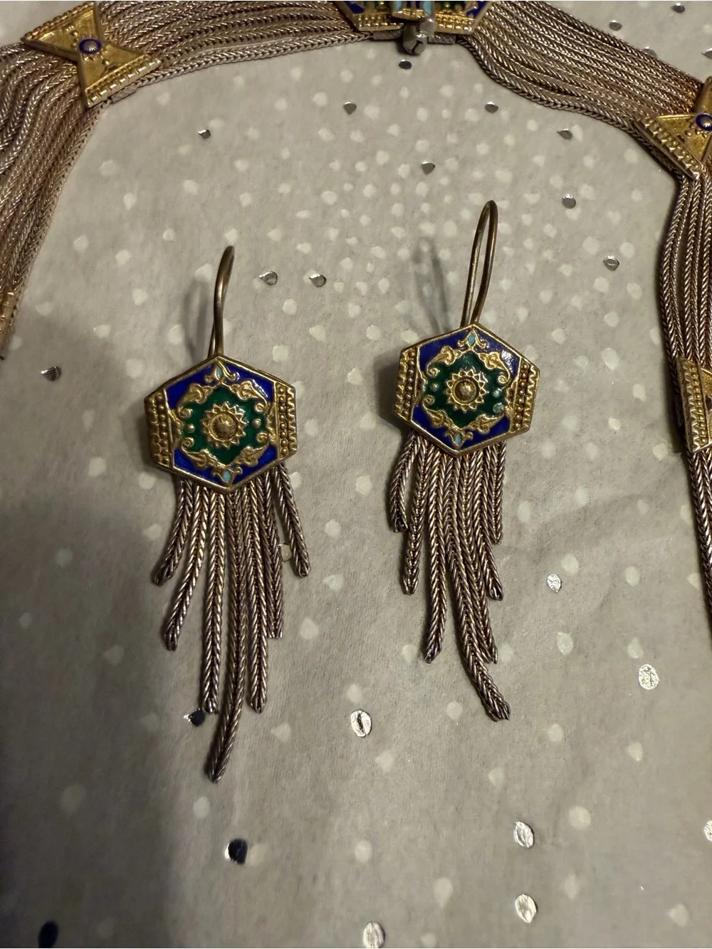 VTG TMC 925 Sterling Vermeil Enamel Multi Strand Necklace Earring Set